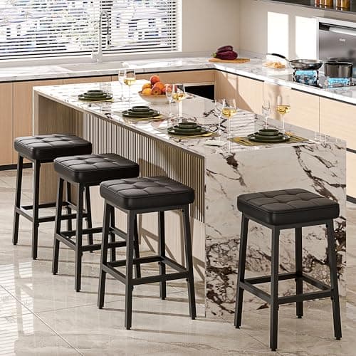 VECELO Modern 24" PU Leather Bar Stools, Black, Counter Height Set of 2