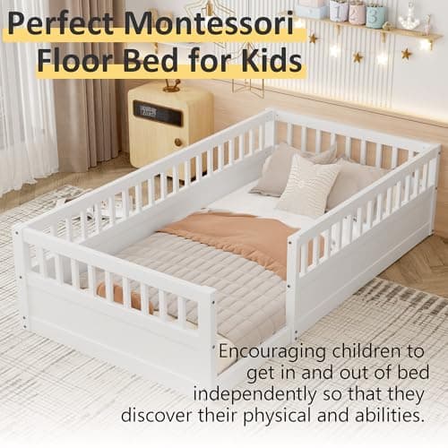 Twin Size Floor Bed with High Fence, Solid Wood Montessori for Kids, White
