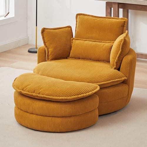 Yellow i-POOK Swivel Chair with Storage Ottoman & Pillows, Oversized Barrel Chair for Living Room
