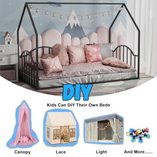 Twin Metal Floor Bed with Roof for Kids, No Box Spring Needed, Black