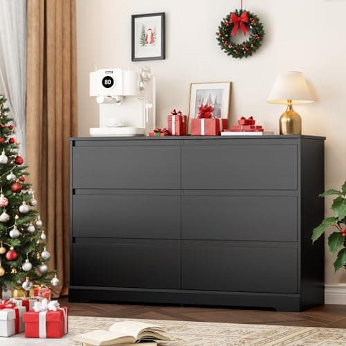 Fotosok Black Modern 6-Drawer Double Dresser, Wide Storage Cabinet