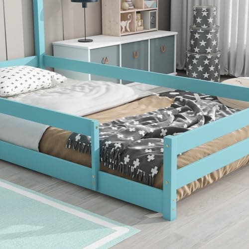Montessori Twin Floor Bed with House-Shaped Headboard and Fence Guardrails for Toddlers in Blue