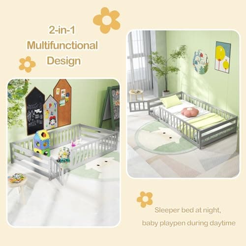 KOMFOTT Grey Twin Size Wooden Montessori Floor Bed with Safety Guardrails & Door
