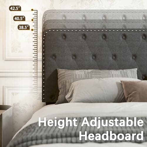 Dark Gray Queen Bed Frame with Storage Drawers and Adjustable Headboard