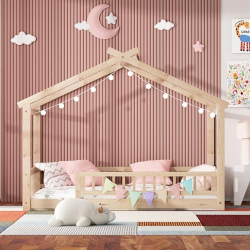 Twin Size Wooden Montessori Bed with Guardrails & Roof, No Box Spring Needed,Natural