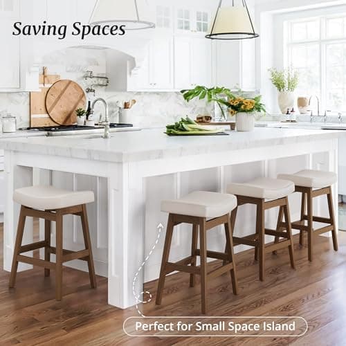 Antique White Leather Bar Stools Set of 3, Sturdy Wood Legs, 24 Inch Farmhouse Counter Height