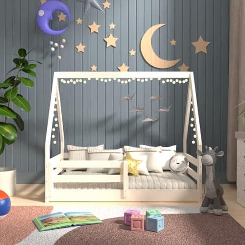 Toddler Size Montessori House Bed, Solid Pine Wood, White