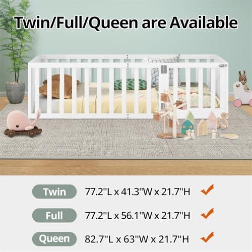 Multifunctional White Montessori Queen Bed with Fence & Door for Kids