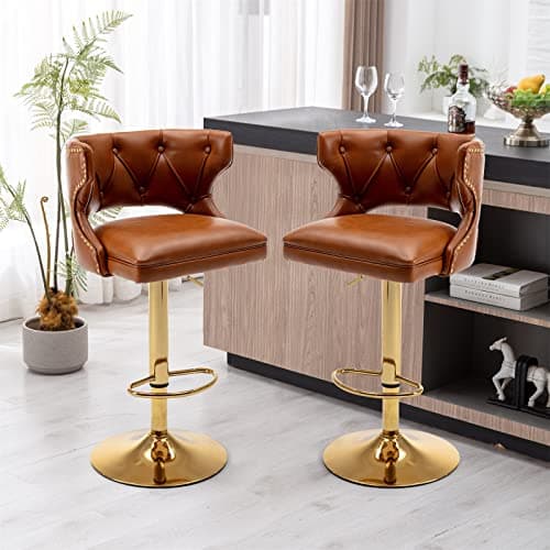 i-POOK Velvet Bar Stools Set of 2 with Nailheads Trim and Golden Footrest, Grey Color