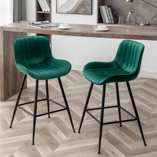 Modern Velvet Bar Stools, Grey with Black Legs, Set of 2 for Kitchen Island.