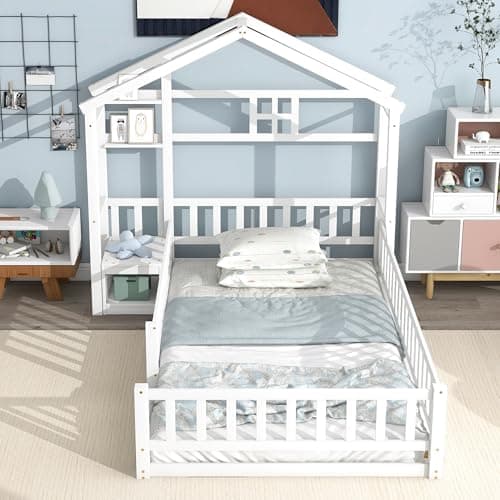 Twin Size Floor Bed with House-Shaped Headboard & Stand, Kids Montessori White