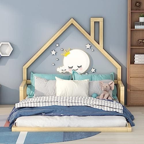 Harper & Bright Designs FullSize House-Shaped Kids Bed, Solid Wood Slats, No Box Spring Needed,Natural