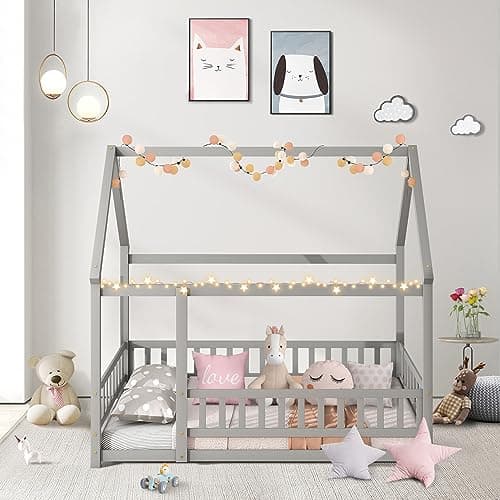 LLS Wooden Twin Bed with Roof & Fence, Gray for Boys & Girls