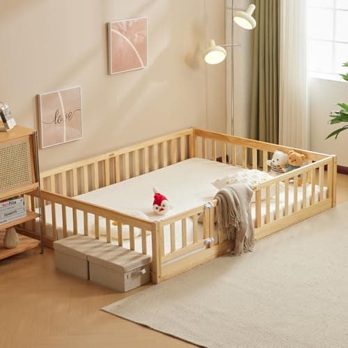 Montessori Toddler Floor Bed with Door and Fence for Kids (Natural)