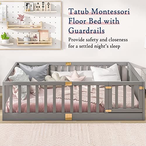 Tatub Full Montessori Floor Bed, Solid Wood, High Rails, Grey
