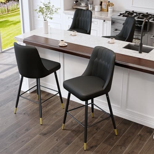 Modern Black Counter Height Bar Stool Set of 4, Faux Leather with Stable Legs