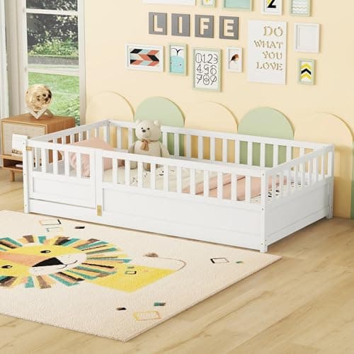 Full Size Wood Montessori Bed with High Fence & Door, No Box Spring Needed