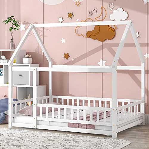 Full Size Montessori House Bed for Children Girls and Boys, White