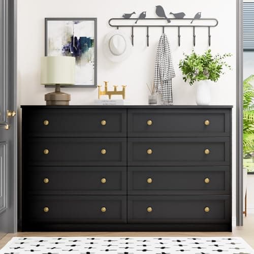 Black 8 Drawer Double Dresser - 55.1" Wide with Large Storage