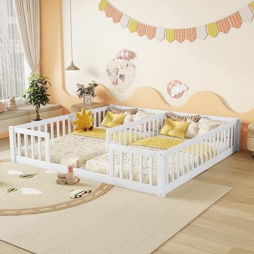 Montessori Wooden Floor Bed for 2 Kids, White Fence RailINGS, Box Spring Needed