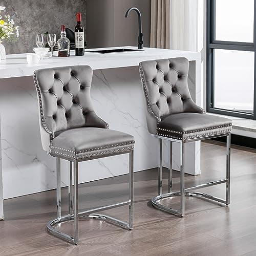 i-POOK Set of 2 Velvet Bar Stools with Metal Legs, High Back Design for Kitchen Island or Pub, Gray