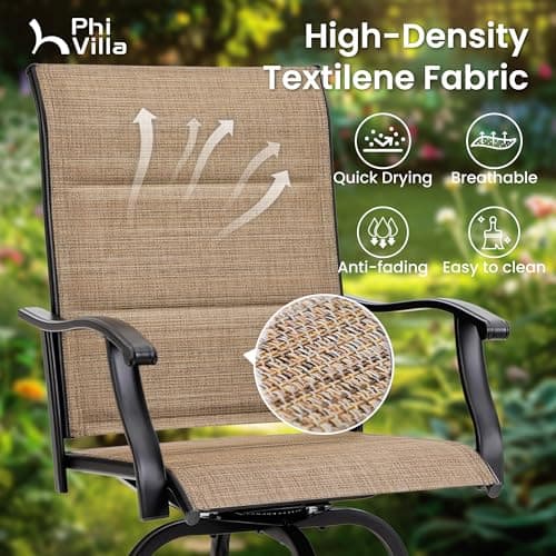 PHI VILLA Patio Swivel Bar Stool Set of 4, Brown Textilene Armrest