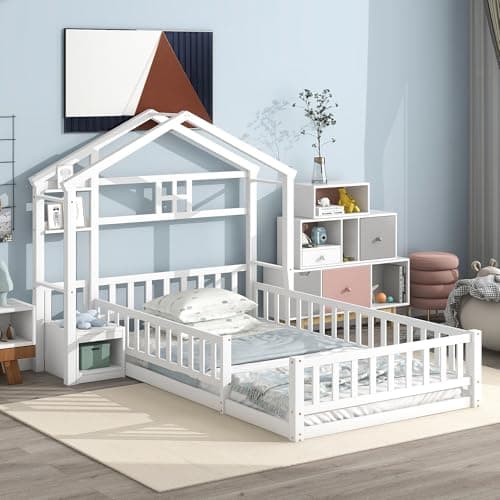 Twin Size Floor Bed with House-Shaped Headboard & Stand, Kids Montessori White