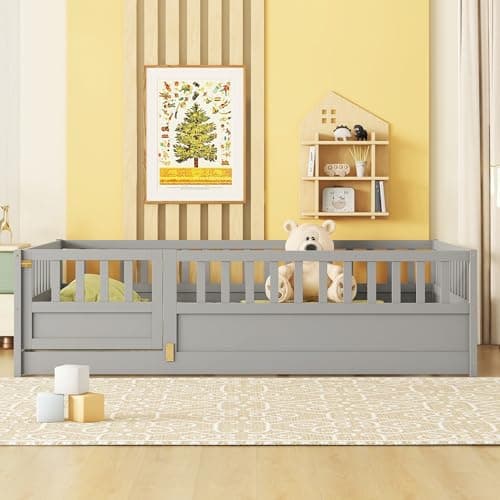 Full Size Wood Montessori Bed with High Fence & Door, No Box Spring Needed