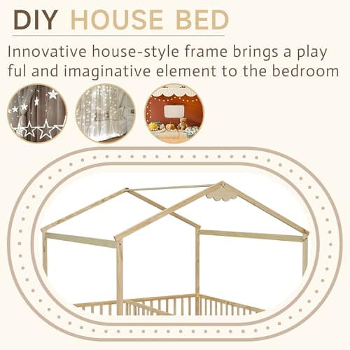 Twin Bed Frames for Kids, Montessori Wood Fence Railings, Natural Tone