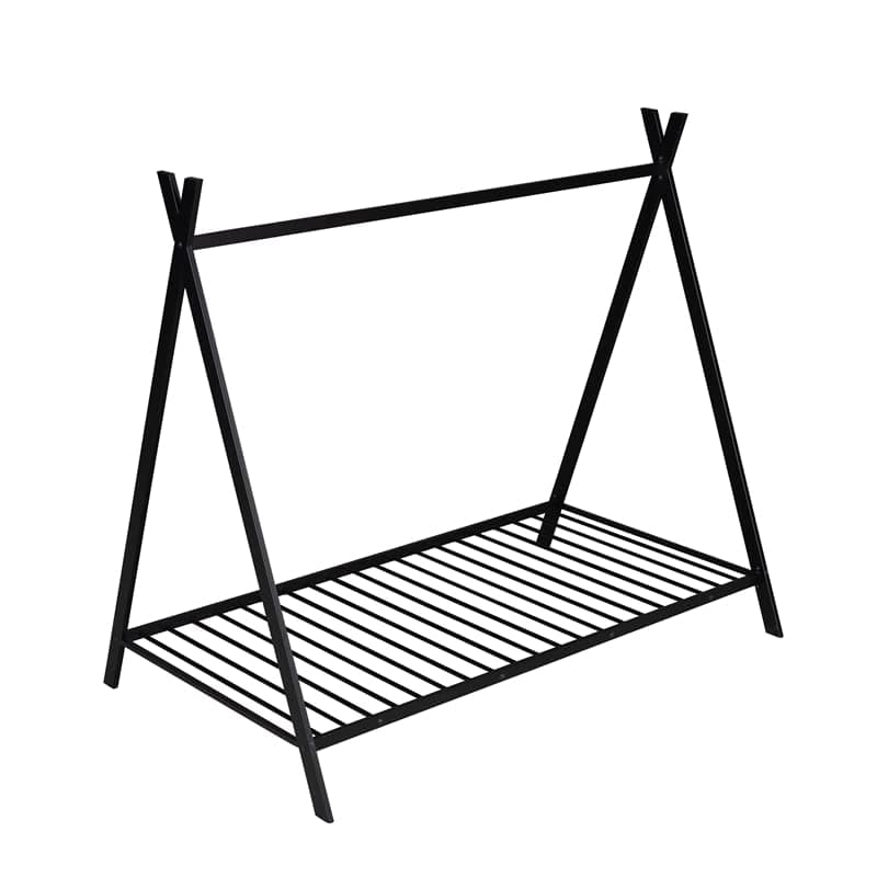 i-POOK Twin Size House Bed for Children, Metal Platform Bed Frame with Low Floor Bed Tent, Black