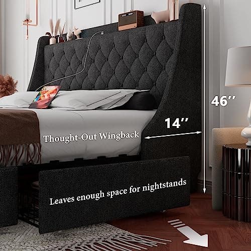 iPormis Dark Gray Queen Bed Frame with Storage Drawers & USB Ports