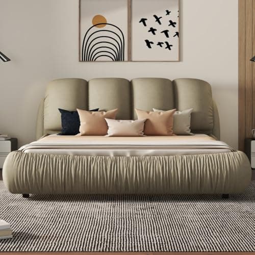 Luxury Upholstered Queen Size Platform Bed, Stone Gray Velvet