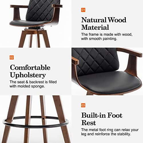 Set of 2 Upholstered Faux Leather Swivel Bar Stools with Wooden Arms and Legs, 25.6-Inch Seat Height (Black, 26 Counter Height)