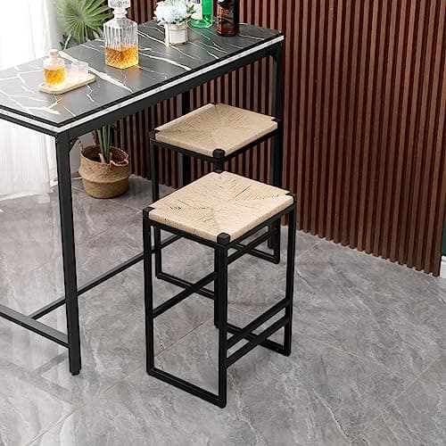 i-POOK Set of 2 Backless Rattan Bar Stools for Kitchen Island and Dining Room, Beige