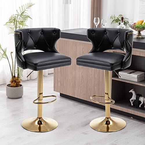 i-POOK Velvet Bar Stools Set of 2 with Nailheads Trim and Golden Footrest, Grey Color