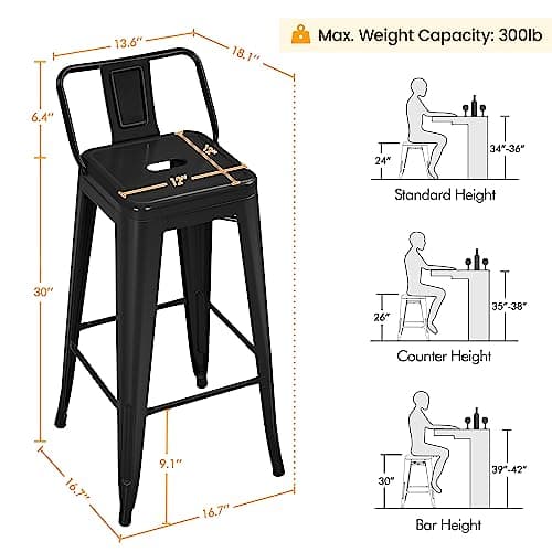 Yaheetech 30 Inch Matte Black Counter Height Barstool Set