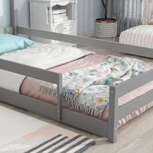 Montessori Twin Floor Bed with House-Shaped Headboard and Fence Guardrails