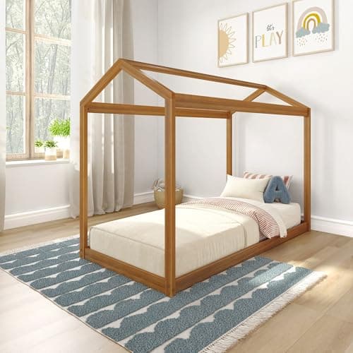 Max & Lily Montessori Wooden Twin Floor Bed, Modern Solid Pecan for Kids