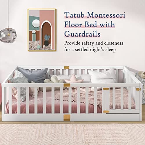 Tatub Full Montessori Floor Bed, Solid Wood, High Rails, Door Install Left or Right, Full-White