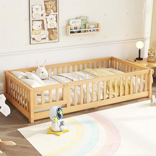 Wooden Montessori Twin Floor Bed with Slats and Support Bar
