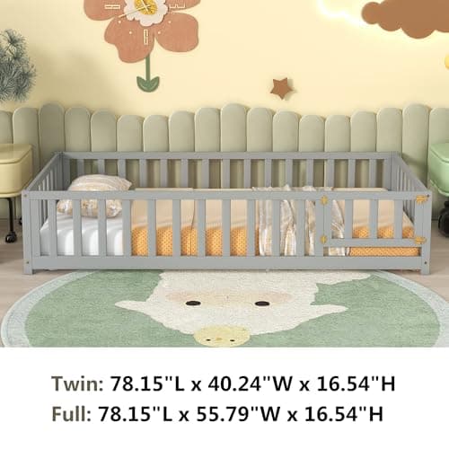 Montessori Twin Floor Bed with Door, Fence & Safety Guardrail - Grey