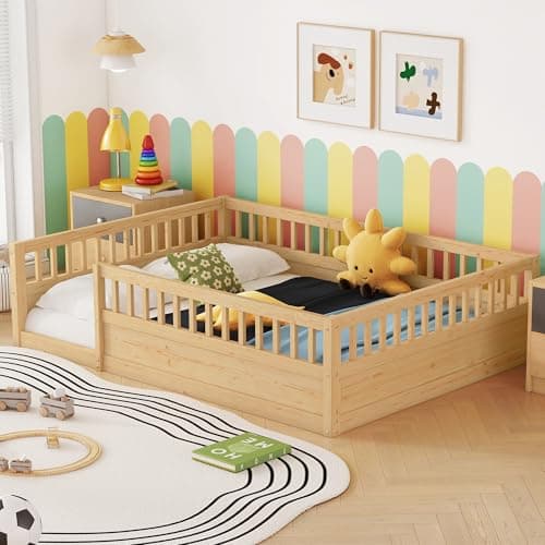 Montessori Full Size Floor Bed with High Rails for Kids, Natural Wood