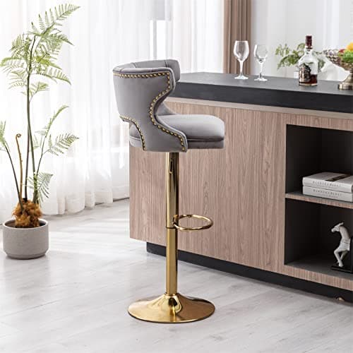 i-POOK Velvet Bar Stools Set of 2 with Nailheads Trim and Golden Footrest, Grey Color
