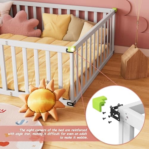 ROOMTEC Full Size Montessori Floor Bed for Kids, White Safety Bed Frame