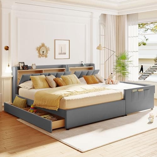 Beige Velvet Upholstered Queen Bed with Desk & Stool, No Box Spring Required
