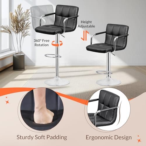 4 Pack ZENY Black PU Leather Bar Stools with Back & Arms, Modern Swivel Kitchen Dining Chair