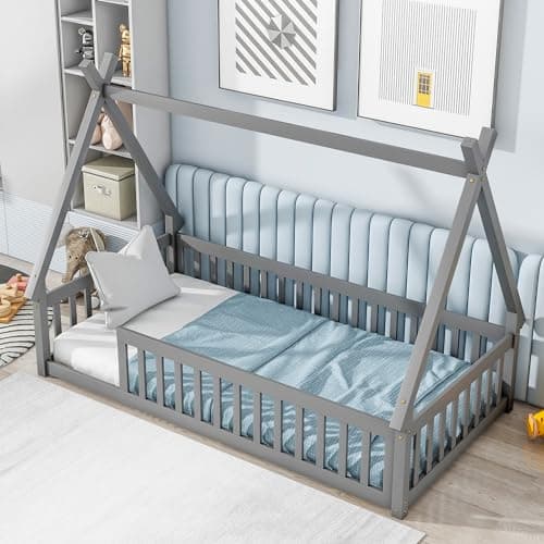 Montessori Floor Bed for Kids with Guardrails, Twin Size, Tent-Shaped Grey Frame