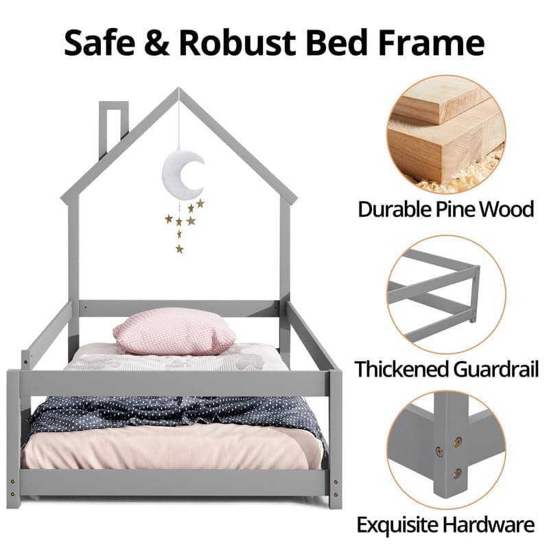 i-POOK Montessori Twin Size Floor Bed, Grey with Headboard & Guardrails