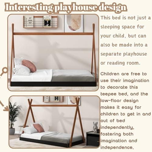 Montessori Style Black & Brown Wood Teepee Bed for Kids