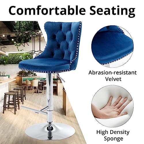Velvet Swivel Barstools Set of 2, High Back with Nailheads Trim, Blue